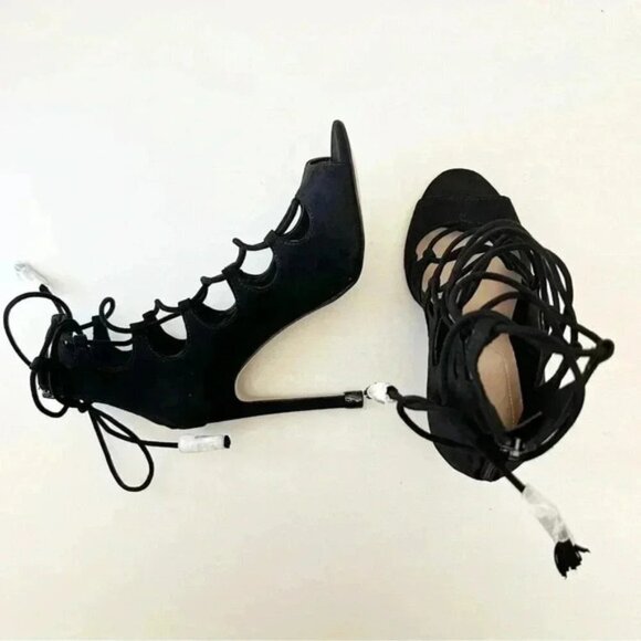 Aldo Sergioa Lace Up Stiletto Heels Peep Toe Black Micro Suede Size 7.5 - Picture 8 of 16
